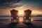 Two chairs on the beach at sunset