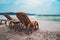 Two Chairs with view to the blue sky and ocean. The concept of recreation and tourism on a tropical island. sitting chairs on sand