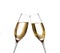 Two champagne flutes with golden bubbles make cheers on white background