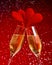 Two champagne flutes with golden bubbles and red velvet hearts make cheers on red bokeh background