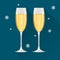 Two champagne glasses on dark blue background and with snowflakes. Concept vector illustration.