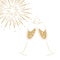 Two champagne glasses and fireworks on a white background