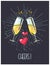 Two Champagne Glasses with hearts and Splash ready card. Grunge dark background with shining rays. Word CHEERS. Vector