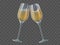 Two champagne glasses. Toast of wineglasses with sparkling transparent white wine and bubbles. Christmas, new year