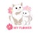 Two charming cute white kitties with big eyes stands in pink flowers