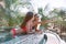 Two charming girls dressed in stylish swimsuits in the pool