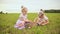 Two charming sisters twins amuse themselves on a green meadow with fluffy rabbit.