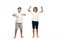 Two cheerful brothers listening music in headphones and dancing