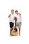 Two cheerful brothers pointing with fingers at camera while standing with acoustic guitar