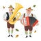 Two cheerful Germans in national costumes play musical instruments. Vector illustration