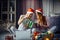 Two cheerful girlfriends open xmas gift boxes during online video conference with family on laptop. Sisters exchange gifts in home