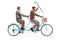 Two cheerful pensioners riding a blue twin bicycle