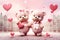 Two cheerful pink bears holding hands against a romantic cityscape with floating heart shapes