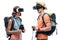 Two cheerful tourists looking at each other while using virtual reality headsets