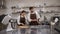 Two chefs, a man and a woman, prepare a cake in a professional kitchen.