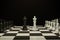 Two chess armies on the wooden chessboard. Empty place for text. chess battle 3d illustration