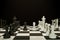 Two chess armies on the wooden chessboard. Empty place for text. chess battle 3d illustration