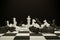 Two chess armies on the wooden chessboard. Empty place for text. chess battle 3d illustration