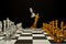 Two chess armies on the wooden chessboard. Empty place for text. chess battle 3d illustration