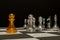 Two chess armies on the wooden chessboard. Empty place for text. chess battle 3d illustration