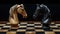 Two chess knights face each other in a tense moment on the chessboard
