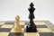 Two chess pieces white pawn against black king on the chess board