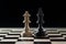 Two chess pieces, white queen and black king side by side on a chessboard against a dark background, concept for diversity, gender