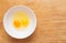 Two chicken eggs, homemade and factory, are broken in a glass plate. Difference concept of homemade natural eggs from store-bought