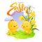 Two chickens stand next to dandelions on a green lawn... Stock vector illustration in cartoon style. Easter card.