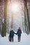 Two children, boy brothers, walking in a forest with old suitcase