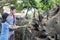 Two children feeding white rhinos