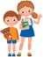 Two children, a little boy and a girl, pupils of elementary school or a preschool with a schoolbag, books and a toy