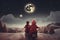 Two children look at the starry moonlit night sky in anticipation of a Christmas miracle, generative AI.