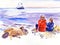 Two children playing at Summer Beach in front of a sailboat - watercolor painting