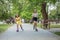 Two children are rollerblading at skate park. Concept of an active lifestyle, hobbies and childhood