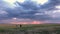 Two children run across a field against the background of clouds at sunset.A boy and a girl in a field against the