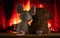 Two children`s toys bask near the Christmas fireplace in anticipation of the holiday, miracle and magic. New Year`s Eve by the