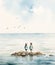 two children on the seashore look into the distance. view from the back. watercolor illustration