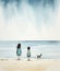 two children on the seashore look into the distance. view from the back. watercolor illustration