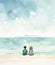 two children on the seashore look into the distance. view from the back. watercolor illustration