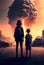 Two Children Standing Watching Large Nuclear Bomb Explosion - Generative AI