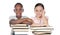 Two children supported on a stack of books