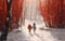two children are walking through a winter forest, with red trees, a generative assistant, generated by AI.