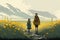 Two children wander through a vibrant field of wildflowers with mountainous backdrop