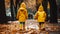 Two children in yellow raincoats walking down leaf covered path in park. Generative AI
