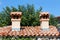 Two chimneys covered with same roof tiles in various decorative shade of red as roof surrounded with large dense tree and clear