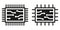 Two chip or microchip icons. Central computer processor, black chip symbol. Flat style