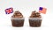 Two chocolate chip swirl cupcakes with tricolor American flag and British Union Jack flag toothpicks in them isolated on white