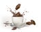 Two chocolate cubes splashing in white cup with splash