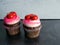 Two chocolate cupcakes decorated with white and pink frosting and red hearts on a black slate and gray shiplap background, perfect